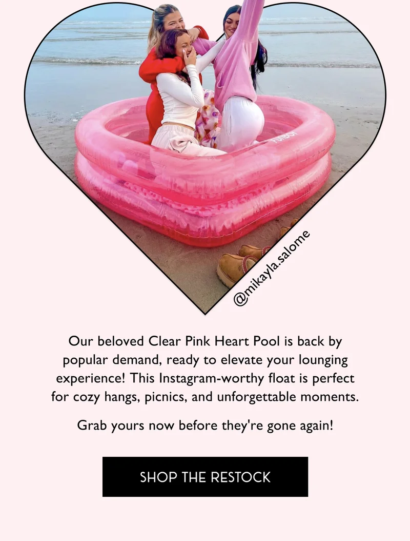Our beloved Clear Pink Heart Pool is back by popular demand, ready to elevate your lounging experience! This Instagram-worthy float is perfect for cozy hangs, picnics, and unforgettable moments. Grab yours now before they're gone again! | SHOP THE RESTOCK