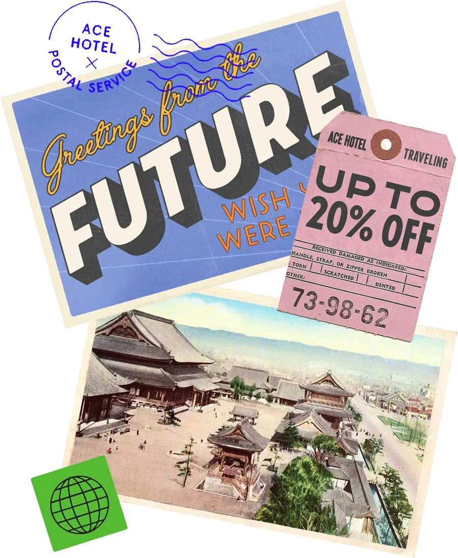 Retro-style travel promo animation featuring postcards. Includes “Greetings from the Future” and a tag for up to 20% off at Ace Hotel.