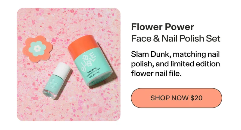 Flower Power Face & Nail Polish Set [SHOP NOW $20] Slam Dunk, matching nail polish, and limited edition flower nail file.