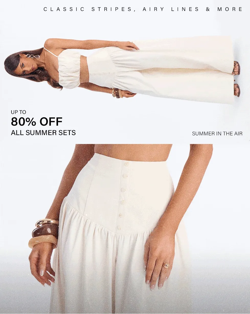 Woman models cream summer crop top & wide-leg pants. Up to 80% off all summer sets! Shop classic stripes & airy lines.