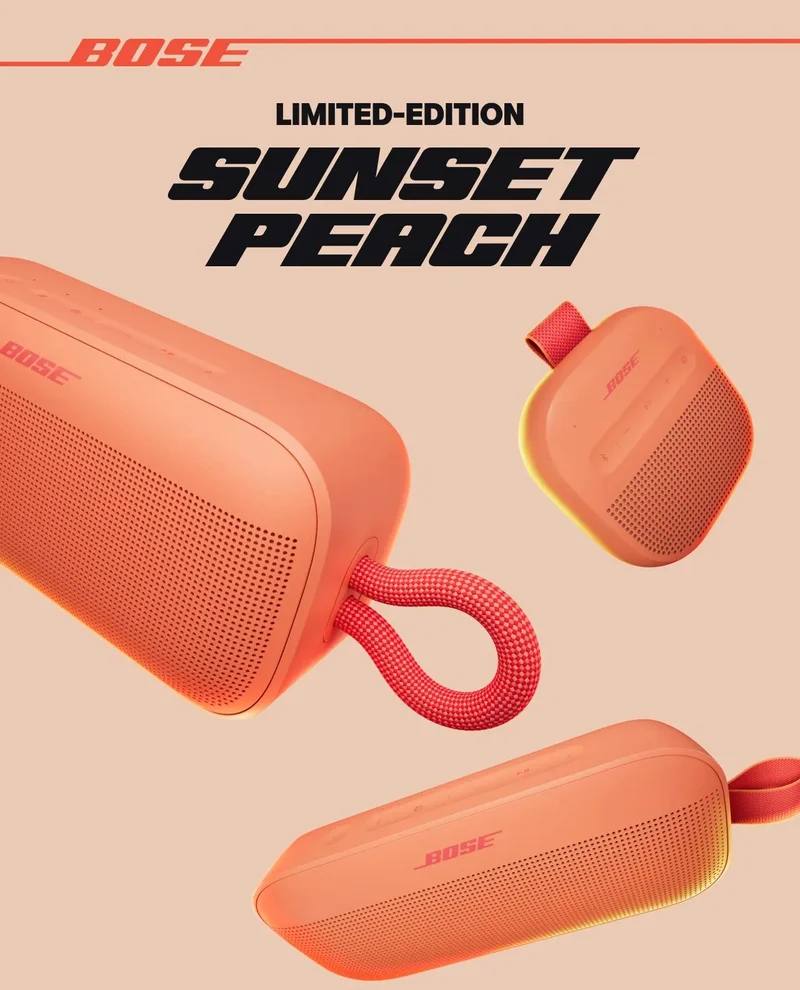 SoundLink Micro (2nd Gen), SoundLink Flex (2nd Gen), and SoundLink Plus Portable Speakers in Sunset Peach