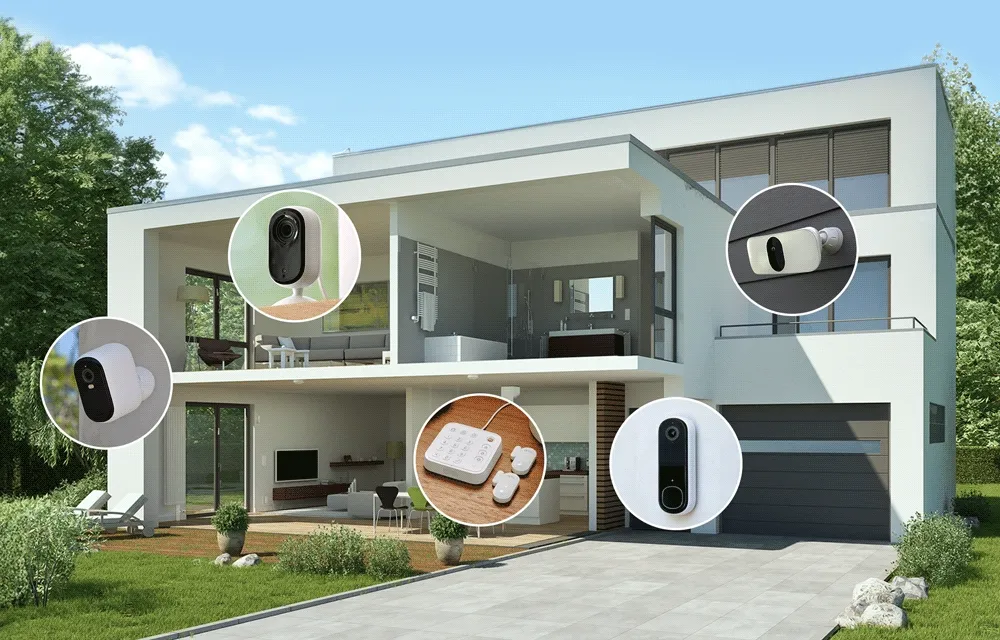 Animated image showing various Arlo security products with checkmarks.