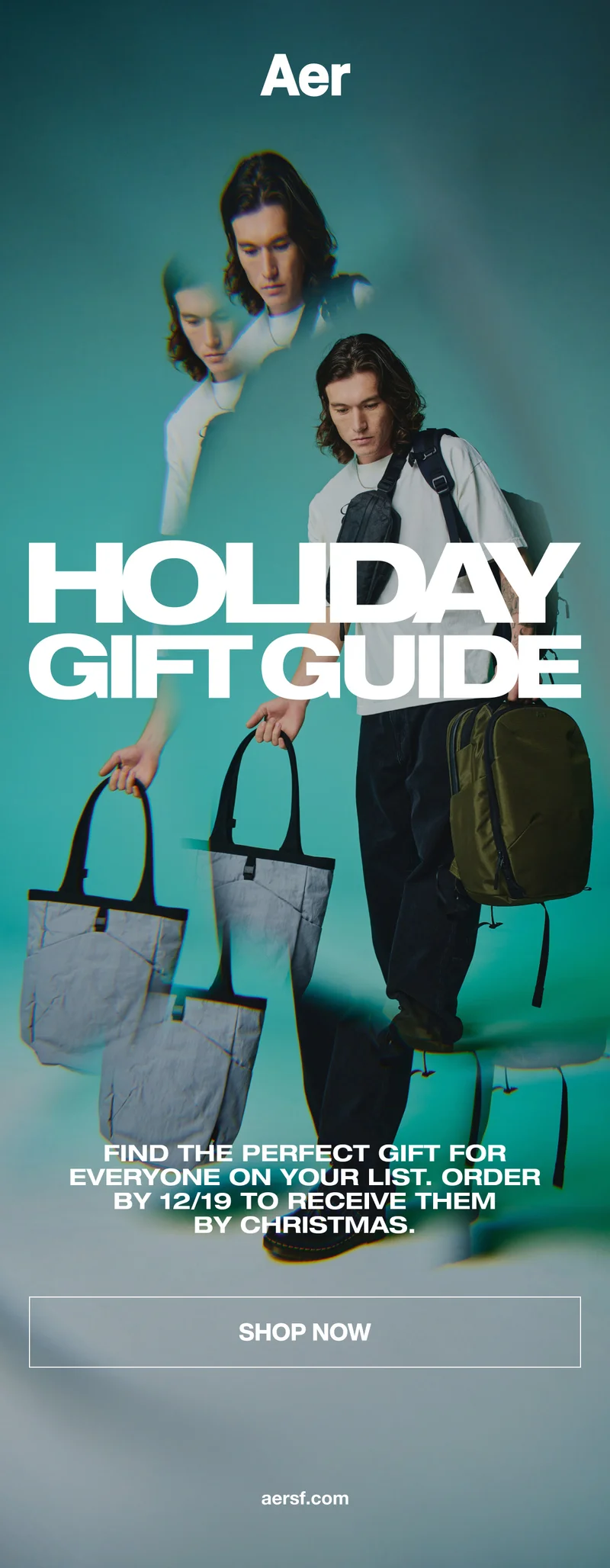 Aer's holiday gift guide. Model wearing a variety of award-winning Aer products.