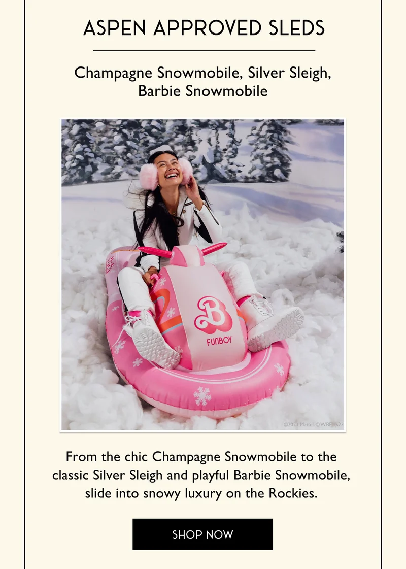 Aspen Approved Sleds - Champagne Snowmobile, Silver Sleigh, Barbie Snowmobile - From the chic Champagne Snowmobile to the classic Silver Sleigh and playful Barbie Snowmobile, slide into snowy luxury on the Rockies. - SHOP NOW