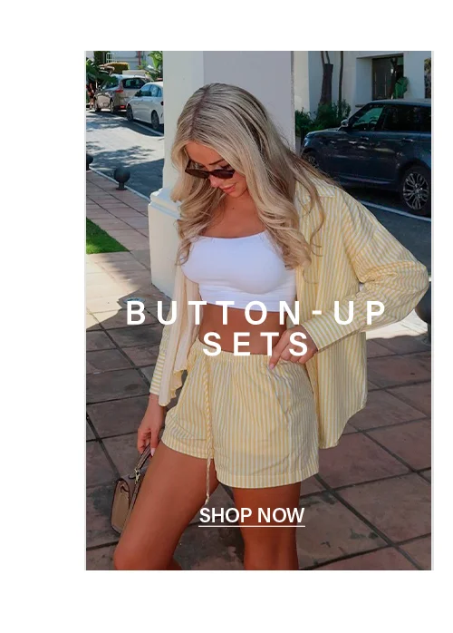 Blonde woman in stylish yellow striped button-up shorts set. Shop trendy summer two-piece outfits for women.