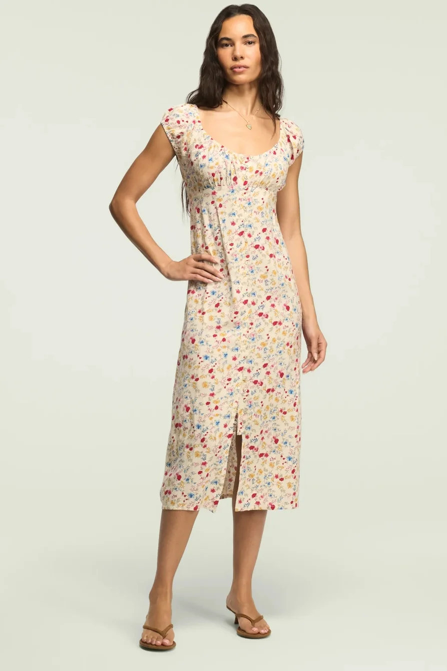 Image of Lucky Brand Empire Short Sleeve Simone Midi Dress - Women's Clothing Dresses Shirt Midi Dress in Cream Floral