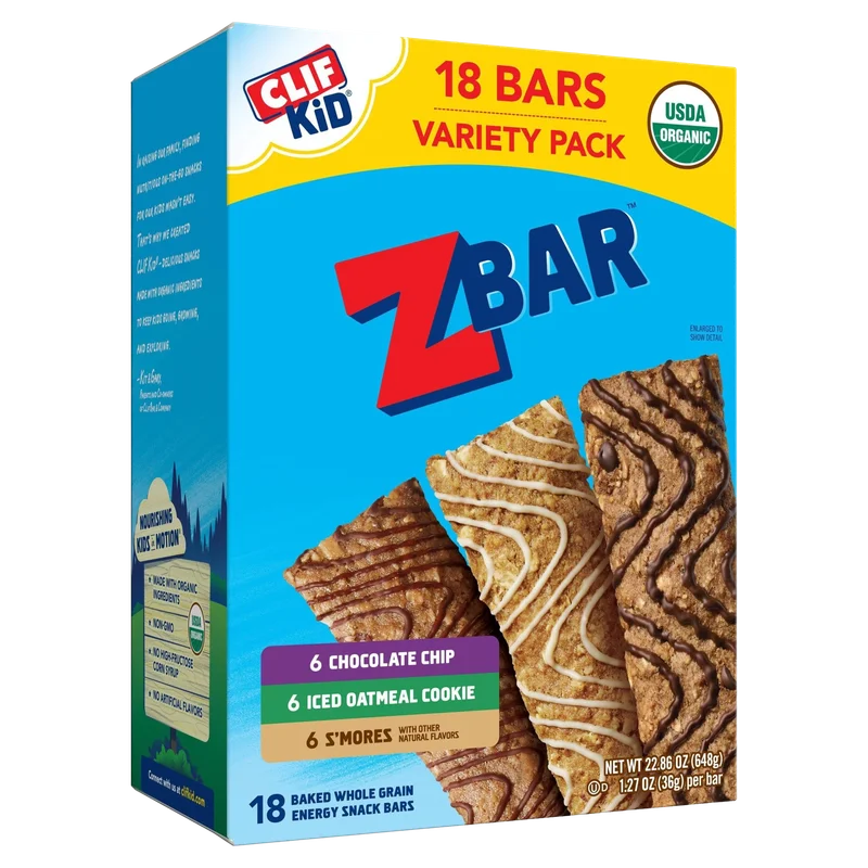 Image of Clif Bar Chocolate Chip, Iced Oatmeal Cookie, and S'mores Organic Snack Bars Variety Pack (18 CT)