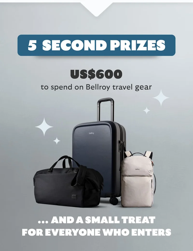 5 SECOND PRIZES US$600 to spend on Bellroy travel gear  … and a small treat for everyone who enters.