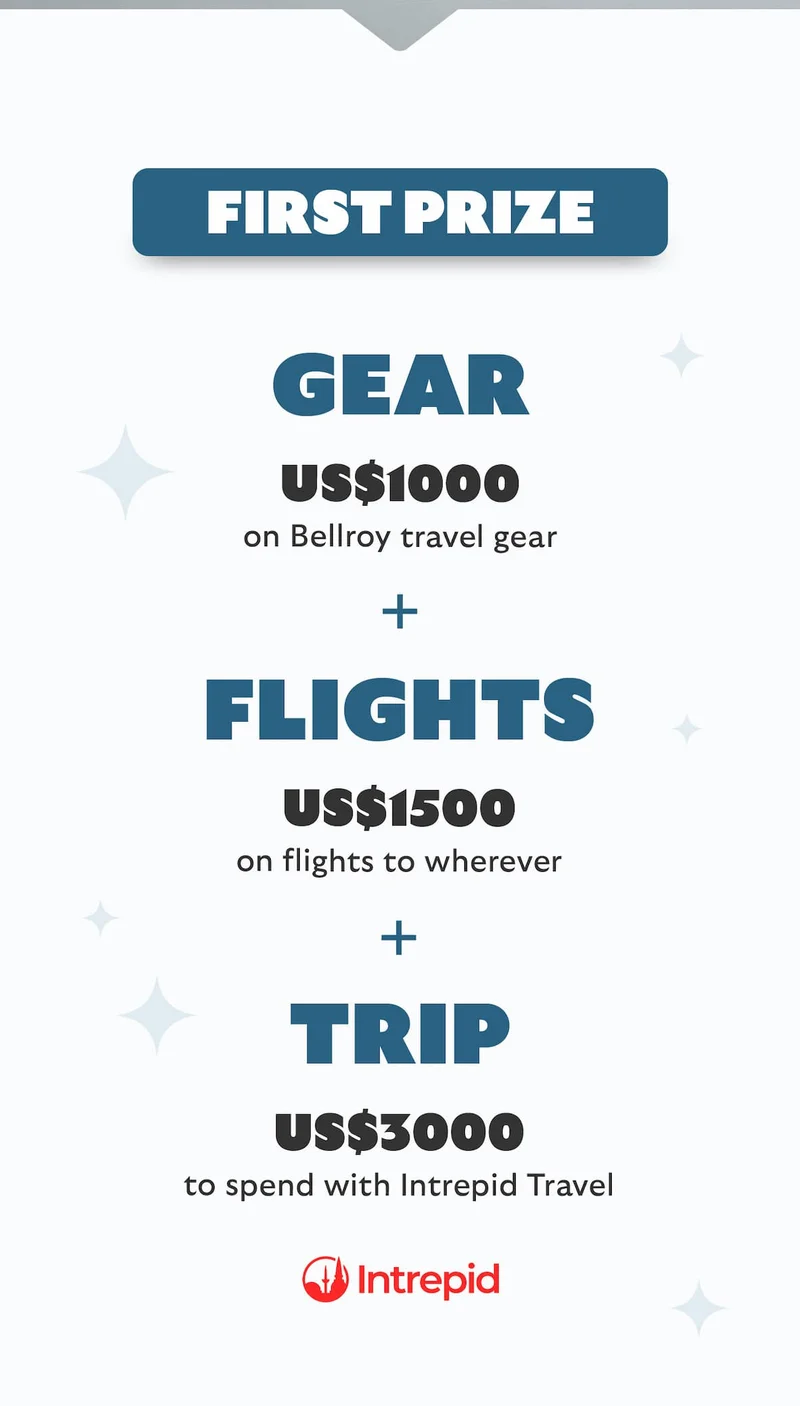 GEAR  US$1000 on Bellroy travel gear  +   FLIGHTS  US$1500 on flights to wherever  +   TRIP US$2800 to spend with Intrepid Travel