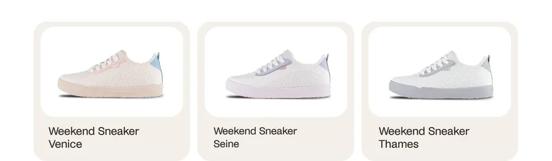 Product grid of the three new limited edition shoes. Weekend Sneaker in Venice, Seine, and Thames.