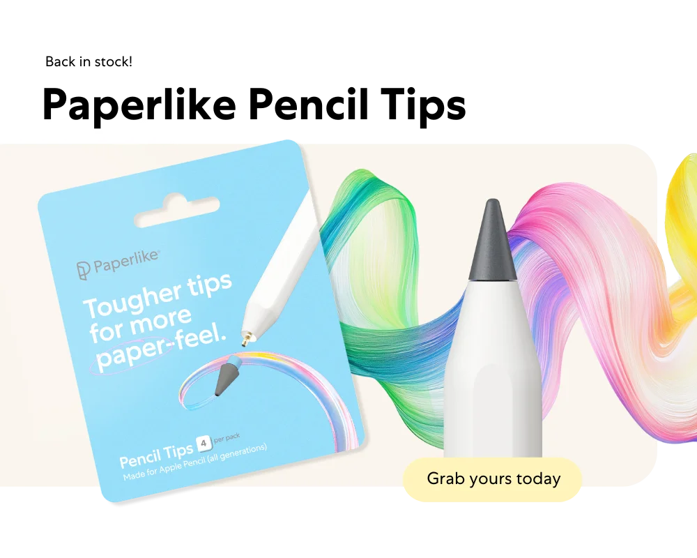 Close up of the Paperlike Pencil Tip on an Apple Pencil and the title: Back in stock! Paperlike Pencil Tips. With a button: Grab yours today.