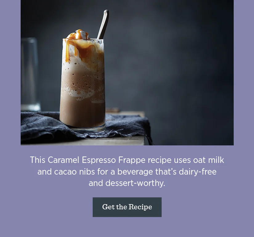 This Caramel Espresso Frappe recipe uses oat milk and cacao nibs for a beverage that's dairy-free and dessert-worthy.