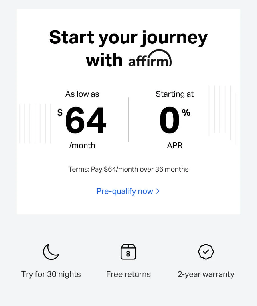 Start your journey with affirm. As low as $64/month, starting at 0% APR. Terms: Pay $64/month over 36 months.