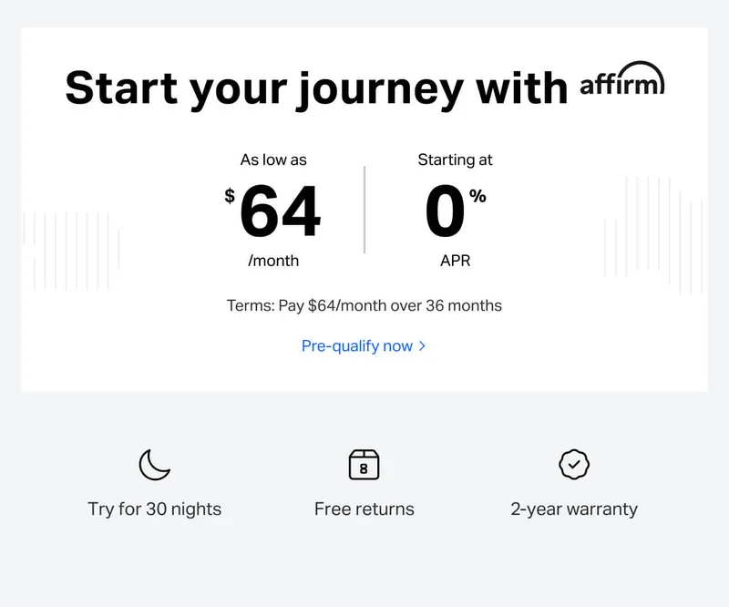 Start your journey with affirm. As low as $64/month, starting at 0% APR. Terms: Pay $64/month over 36 months.
