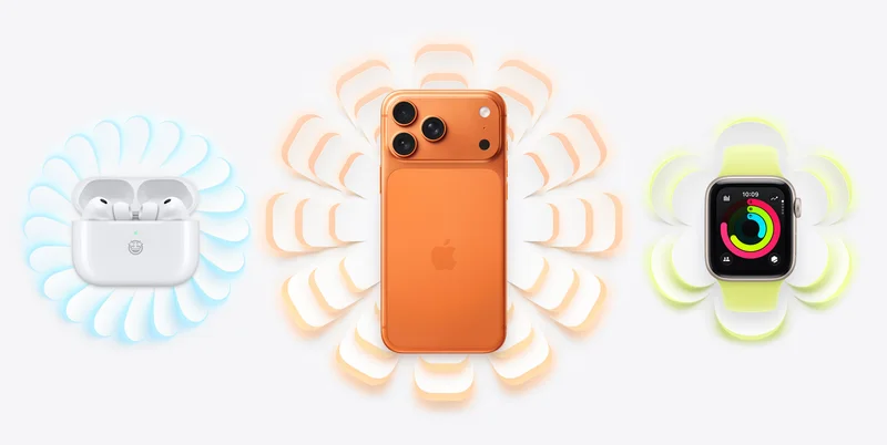 Apple products: AirPods Pro 3 and charging case with personalized engraving, blue color radial shapes radiate outward, iPhone 17 Pro, back exterior, cosmic orange color, Pro Fusion camera system spanning across the top, Apple logo in center, light orange color radial shapes radiate outward, Apple Watch SE 3, starlight color aluminum case, neon yellow Sport Loop band, light yellow color round radial shapes radiate outward