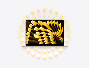 13-inch MacBook Air, front, open lid, starlight color, display, full-screen design, trackpad center front, rounded feet at base, multiple oblong radial shapes with yellow color fanning out