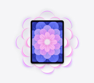 13-inch iPad Air, front, black display bezel, rounded corners, full-screen design, pink round radial shapes fanning out from behind