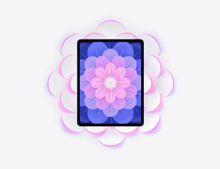 13-inch iPad Air, front, black display bezel, rounded corners, full-screen design, pink round radial shapes fanning out from behind