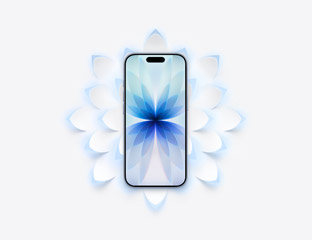 iPhone 17, front exterior, Dynamic Island centered near top, thin black display bezel, blue color geometric screen display, pointy radial shapes with blue color radiate outward
