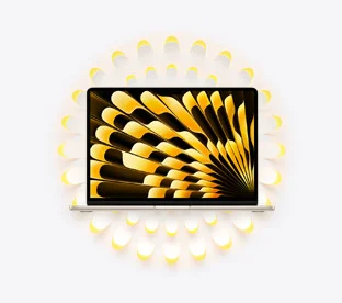 13-inch MacBook Air, front, open lid, starlight color, display, full-screen design, trackpad center front, rounded feet at base, multiple oblong radial shapes with yellow color fanning out