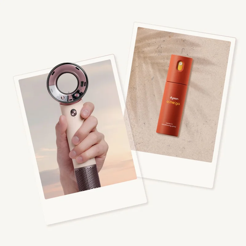 Polaroids of Dyson Supersonic Travel hair dryer and Omega leave-in conditioning spray