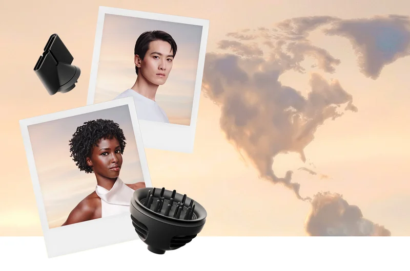 Polaroids of models next to Dyson Supersonic attachments and clouds representing a world map
