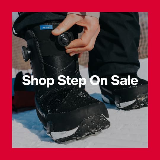 A darkened image of a snowboarder tightening their black Step On® BOA® snowboard boot in the background. The text 'Shop Step On Sale' is in white on top.