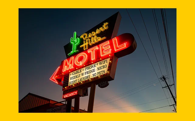 A neon sign at Desert Hills Motel in Tulsa, Oklahoma.