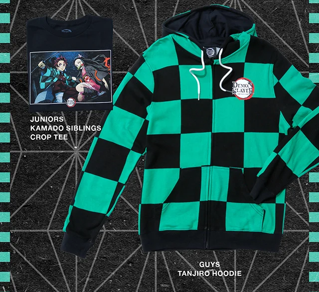 Products Shown - Juniors Kamado Siblings Crop Tee and Guys Tanjiro Hoodie