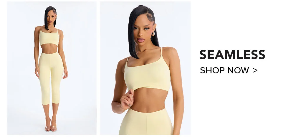 Seamless yellow crop top & capri leggings set. Shop women's activewear now.