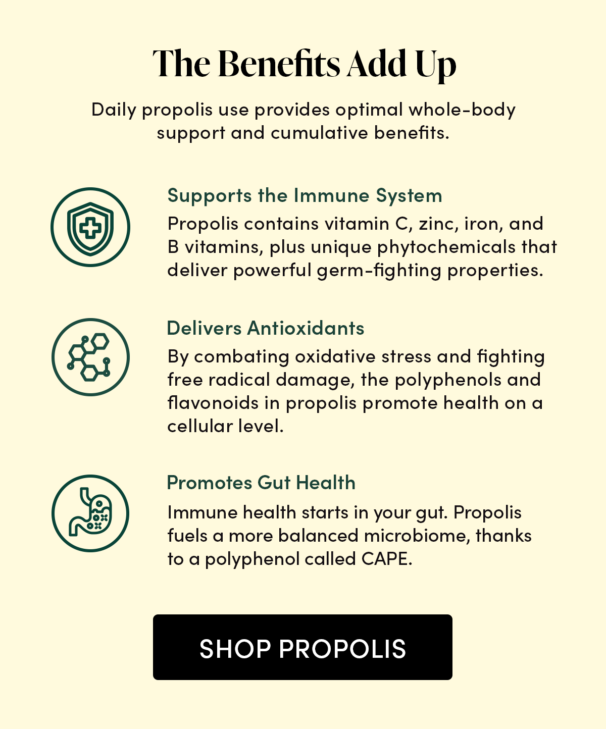 The Benefits Add Up            Daily propolis use provides optimal whole-body support and cumulative benefits.               Supports the Immune System         Propolis contains vitamin C, zinc, iron, and B vitamins, plus unique phytochemicals that deliver powerful germ-fighting properties.        Delivers Antioxidants     By combating oxidative stress and fighting free radical damage, the polyphenols and flavonoids in propolis promote health on a cellular level.      Promotes Gut Health        Immune health starts in your gut. Propolis fuels a more balanced microbiome, thanks to a polyphenol called CAPE.