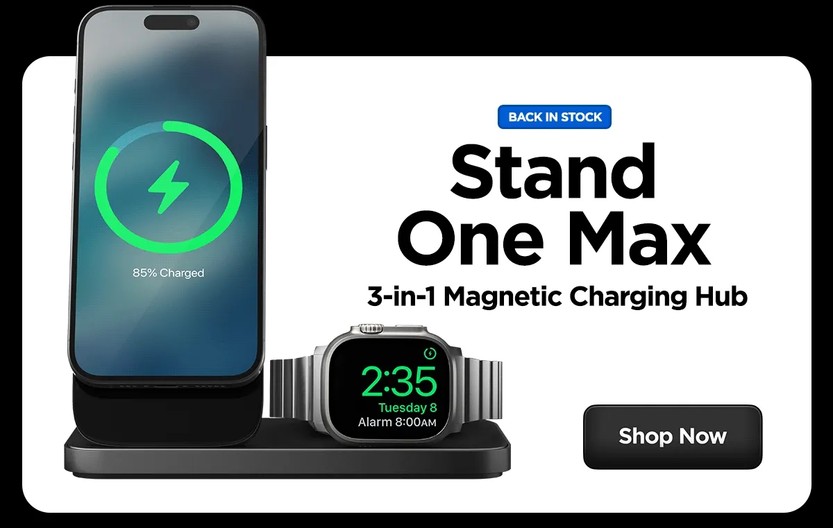 Stand One Max harnesses the power of MagSafe and wireless charging to simultaneously power your iPhone, Apple Watch, and AirPods. It allows you to charge and view your iPhone in StandBy mode and its weighted metal and glass design looks great on any desk or bedside.