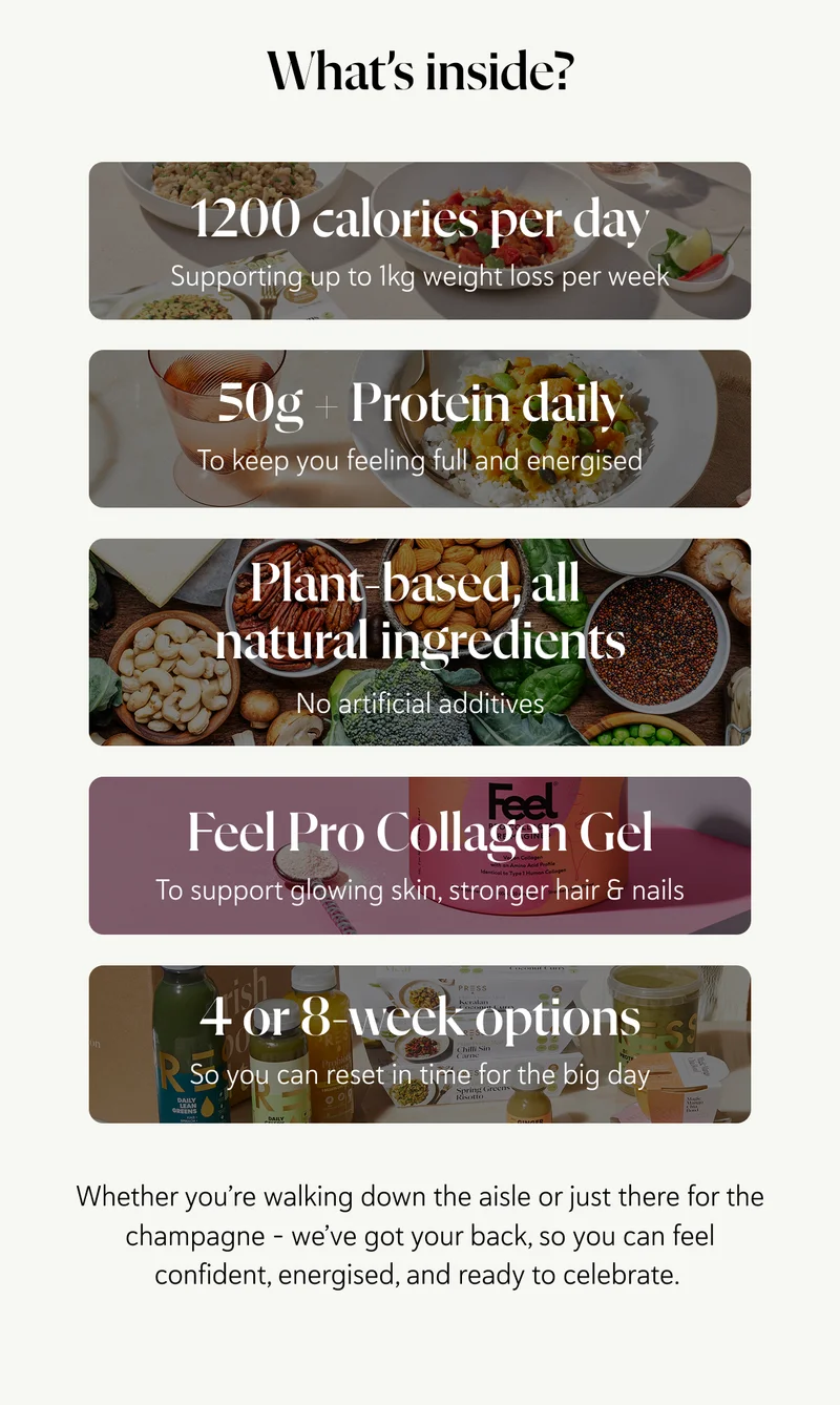 What’s inside? 1200 calories per day, supporting up to 1kg weight loss per week 50g+ protein daily to keep you feeling full and energised Plant-based, all-natural ingredients – no artificial additives Feel Pro Collagen Gel to support glowing skin, stronger hair & nails 4 or 8-week options – so you can reset in time for the big day   Whether you’re walking down the aisle or just there for the champagne – we’ve got your back, so you can feel confident, energised, and ready to celebrate.