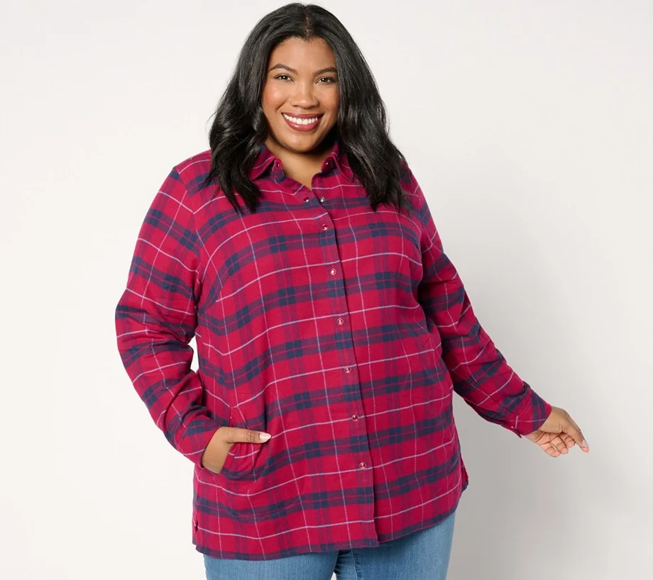 Joan Rivers Petite Cotton Plaid Flannel Snap Front Shirt