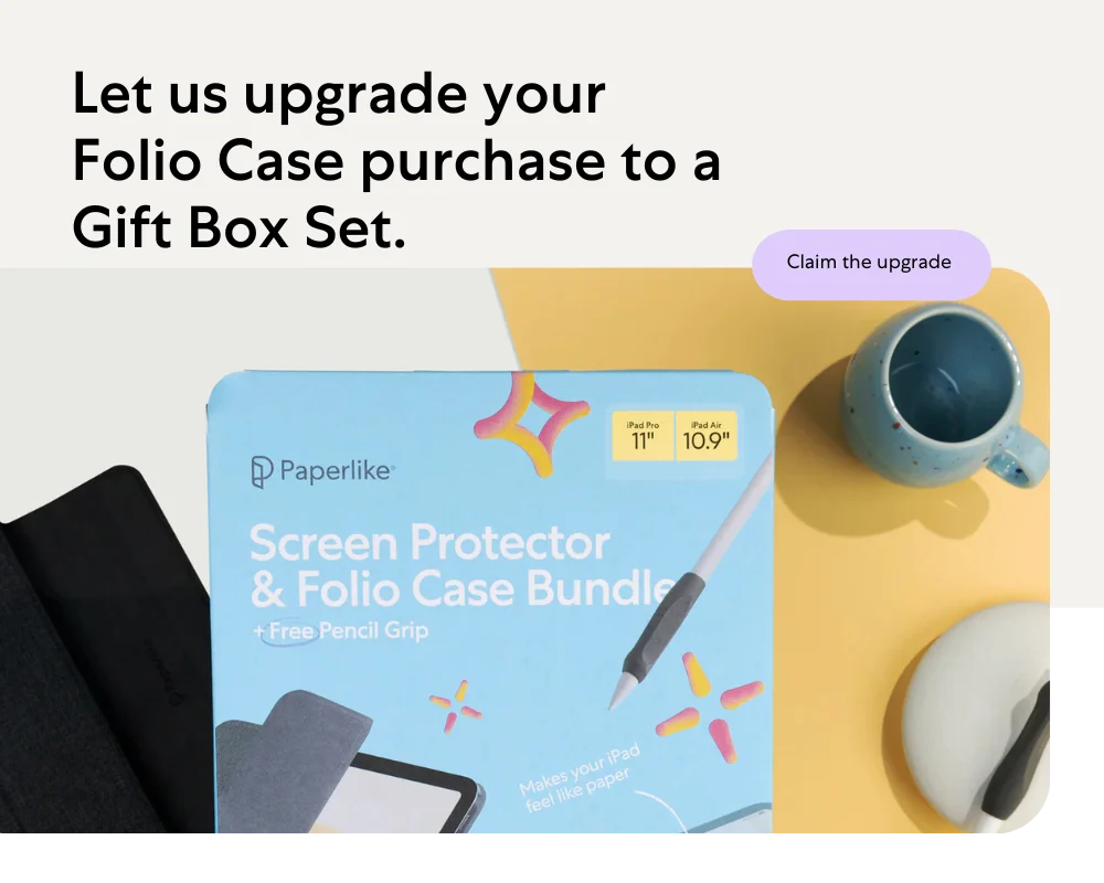 Foto of the Gift Box Set with text: Buy a Folio Case, get a free Gift Box Set. And "Upgrade now!" written on a button.