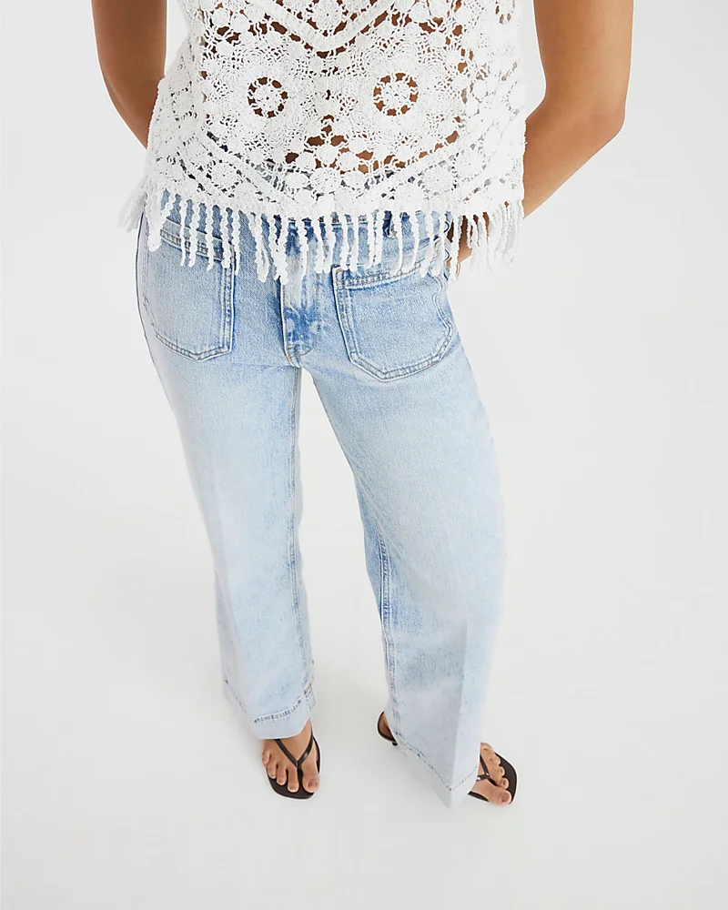 Blue high waisted front pocket wide leg jeans