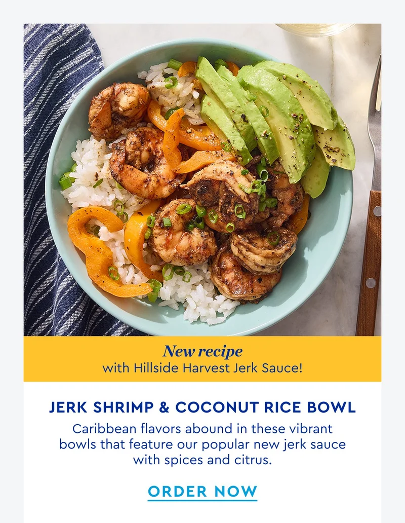 New Recipe with Hillside Harvest Jerk Sauce! Jerk Shrimp and Coconut Bowl | Caribbean flavors abound in these vibrant bowls that feature our popular new jerk sauce with spices and citrus. | ORDER NOW