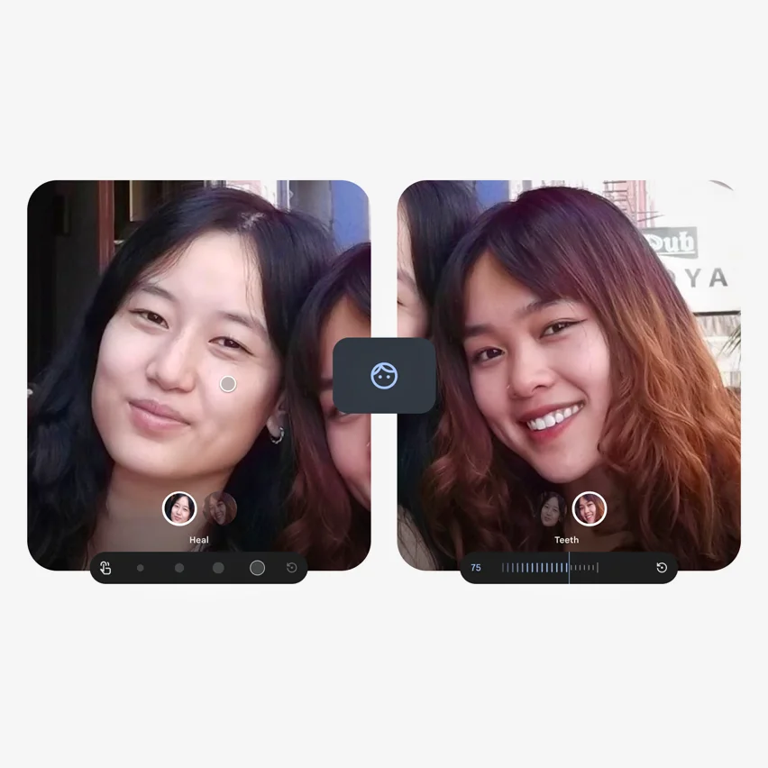 Side-by-side photo editing interface demonstrating facial Heal and Teeth whitening tools.