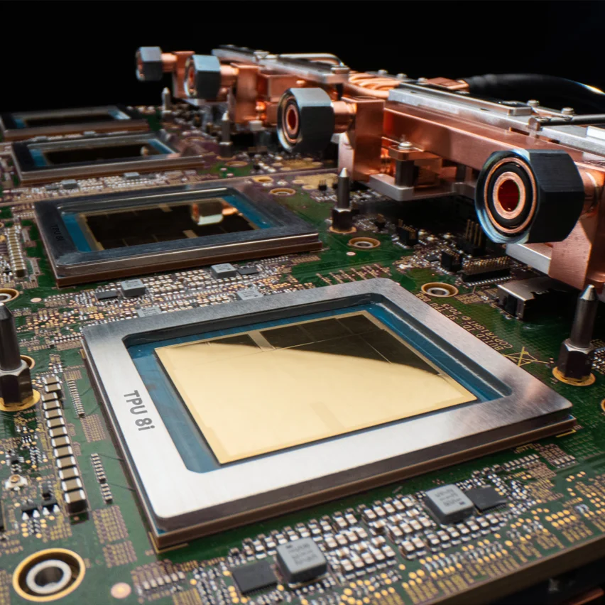 TPU 8i processors on a circuit board with copper liquid cooling.