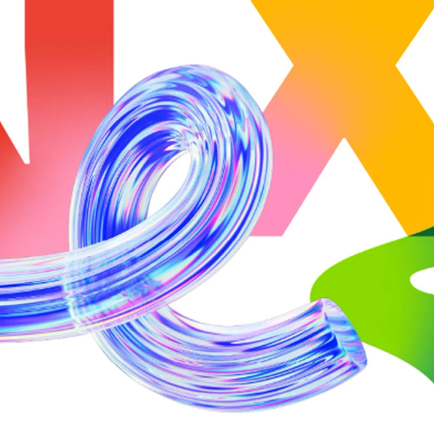 Iridescent 3D 'e' over vibrant stylized typography.