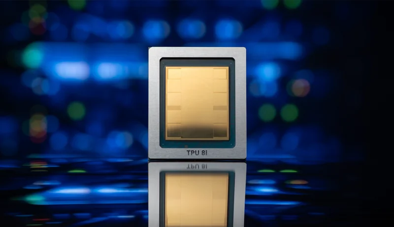 TPU 8i processor chip with a silver frame and gold core on a reflective surface.