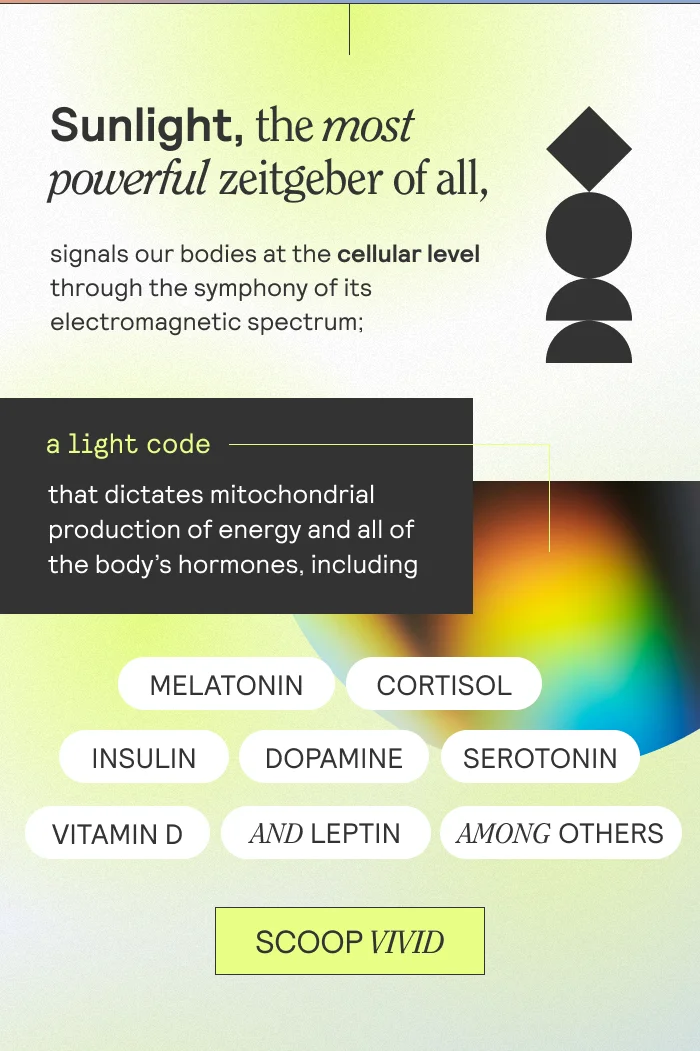 Sunlight, the most powerful zeitgeber of all, signals our bodies at the cellular level through the symphony of its electromagnetic spectrum. A light code that dictates mitochondrial production of energy and all of the body's hormones, including melatonin, cortisol, insulin, dopamine, serotonin, vitamin D, and leptin among others. SCOOP VIVID