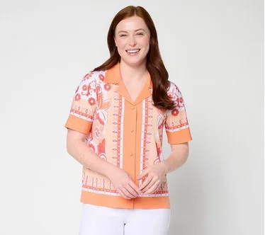 Susan Graver Printed Liquid Knit Button Front Camp Shirt