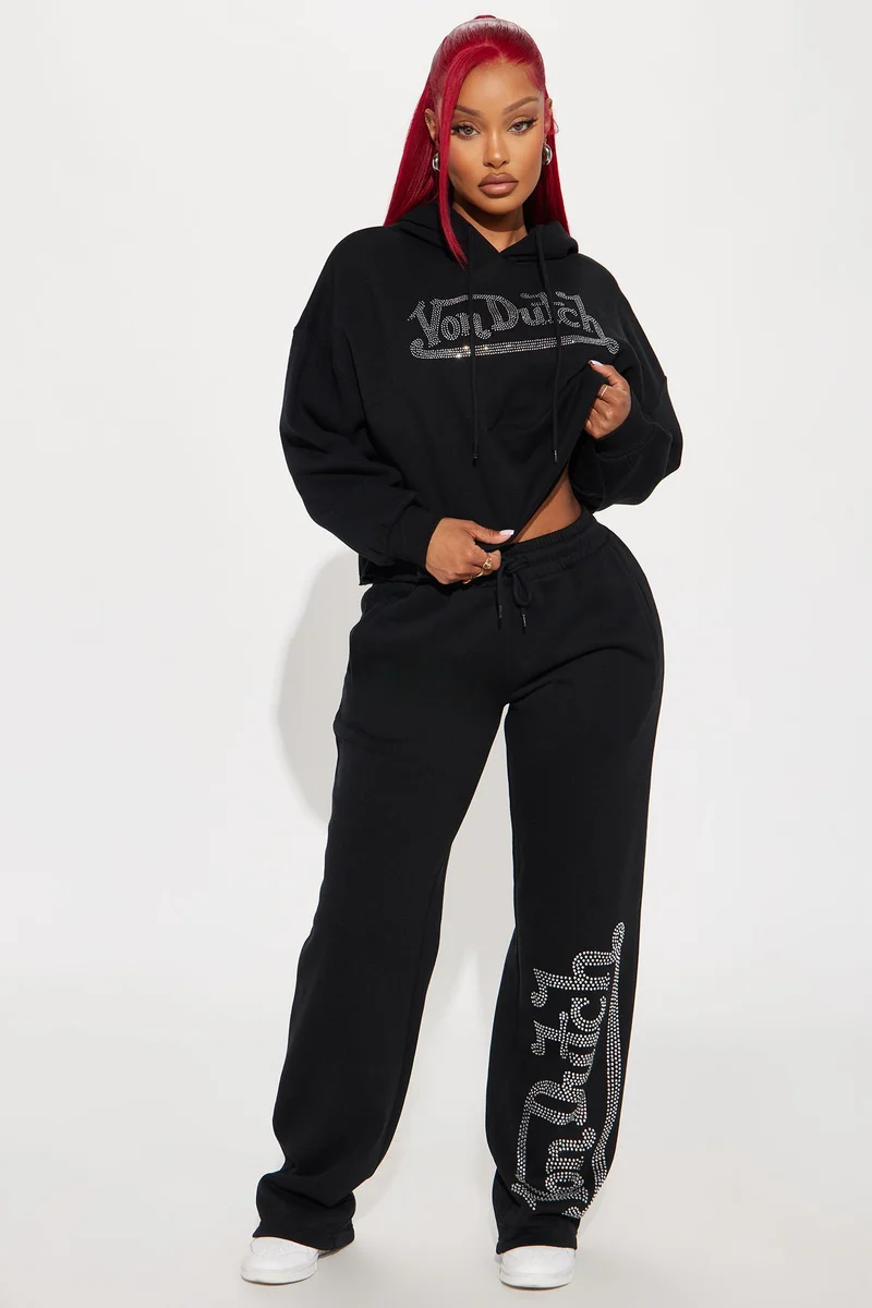 Image of Von Dutch Rhinestone Wide Leg Pant - Black