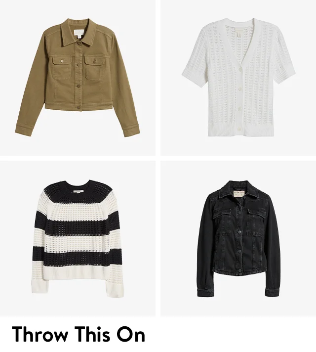 A black denim jacket, striped sweater, tan jacket and short-sleeve cardigan.