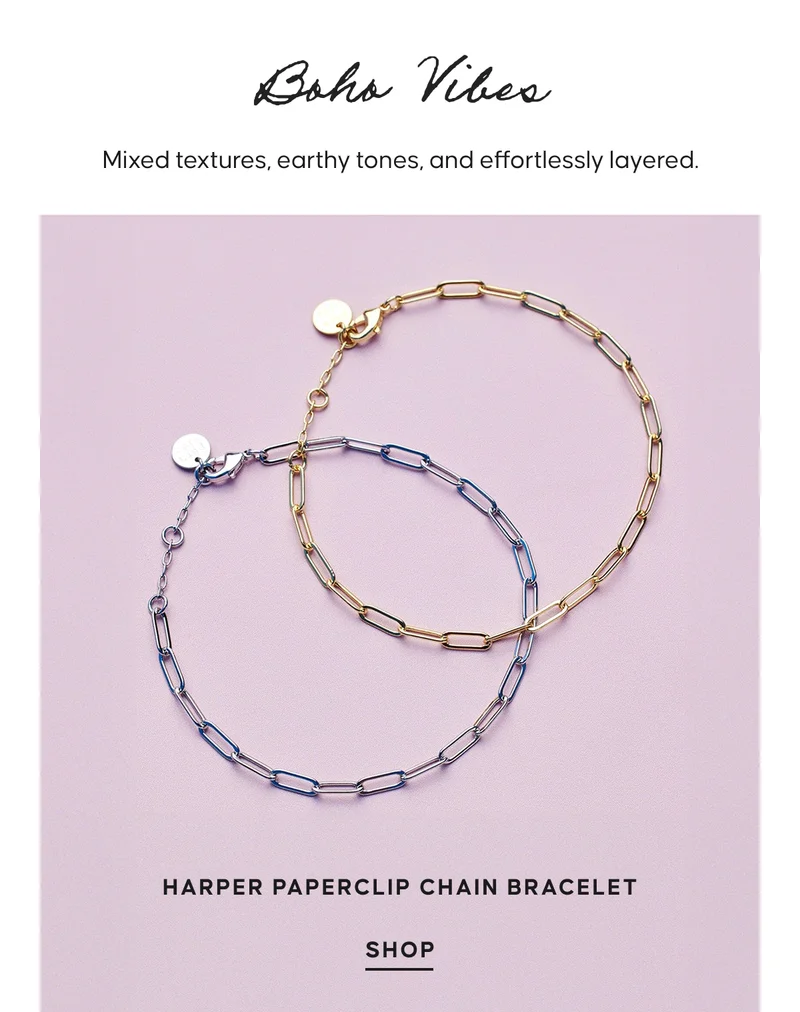 Boho Vibes. Mixed textures, earthy tones, and effortlessly layered. Harper Paperclip Chain Bracelet.