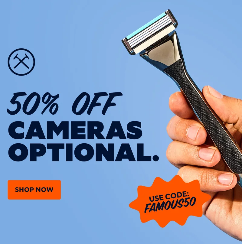 50% OFF CAMERAS OPTIONAL. CTA: SHOP NOW USE CODE: discount code