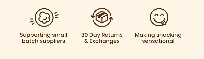 supporting small batch suppliers / 30 day returns & exchanges / making snacking sensational