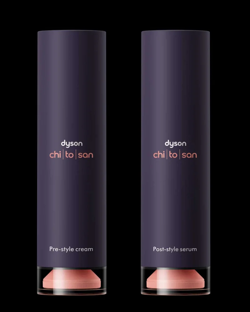 Two bottles of Dyson Chitosan Pre-style cream and Post-style serum.