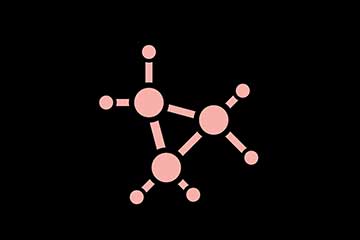 Pink icon of molecular structure.